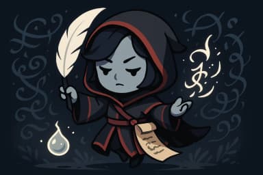 a hooded scribe writing with a glowing quill